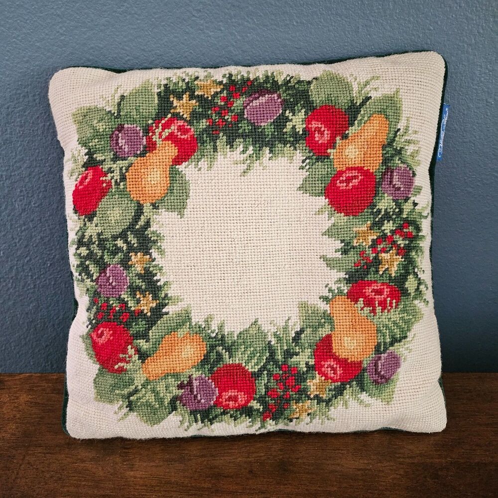 Williamsburg Wool Needlepoint Floral Botanical Fruit Wreath Pillow 13x13 Zipper